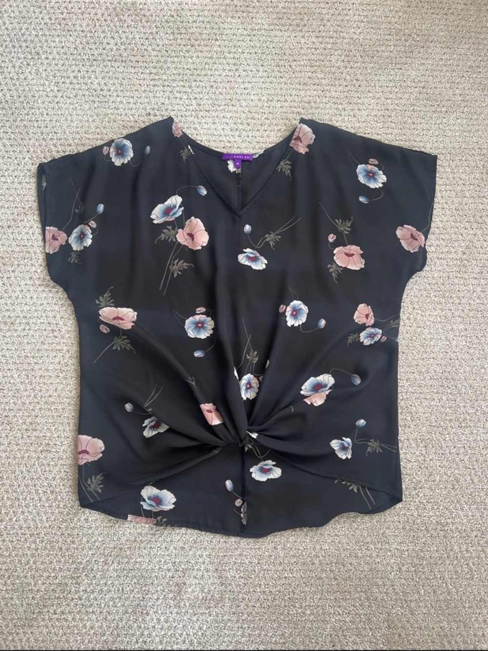 West Kei Black Floral Twist-Front V-Neck Top